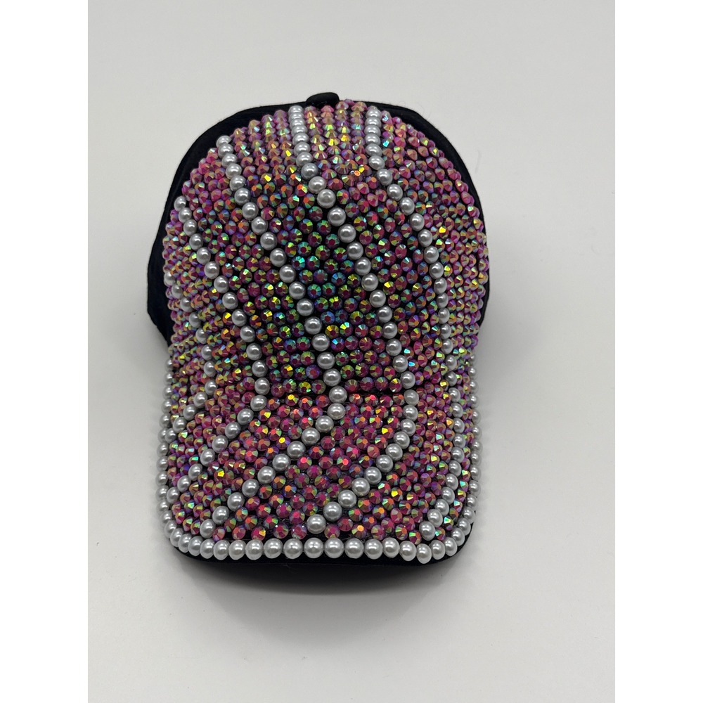 Bling Rhinestone Pearl Baseball Cap Black Iridescent Pink Jewel Snapback Hat